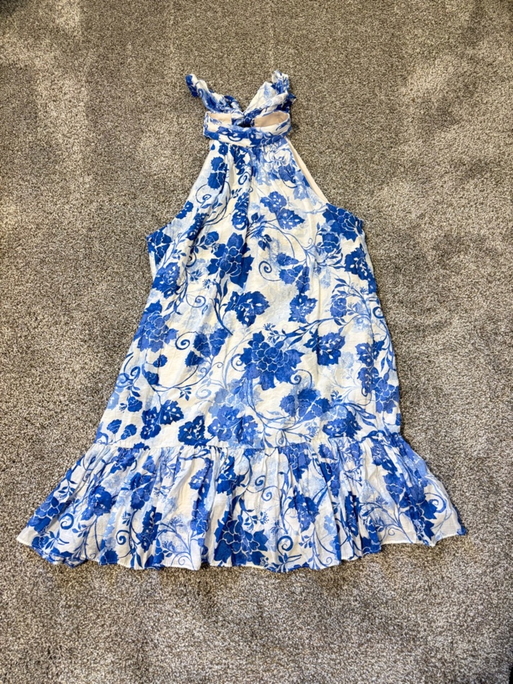 MSK Blue and White Floral Tie-Neck Dress
